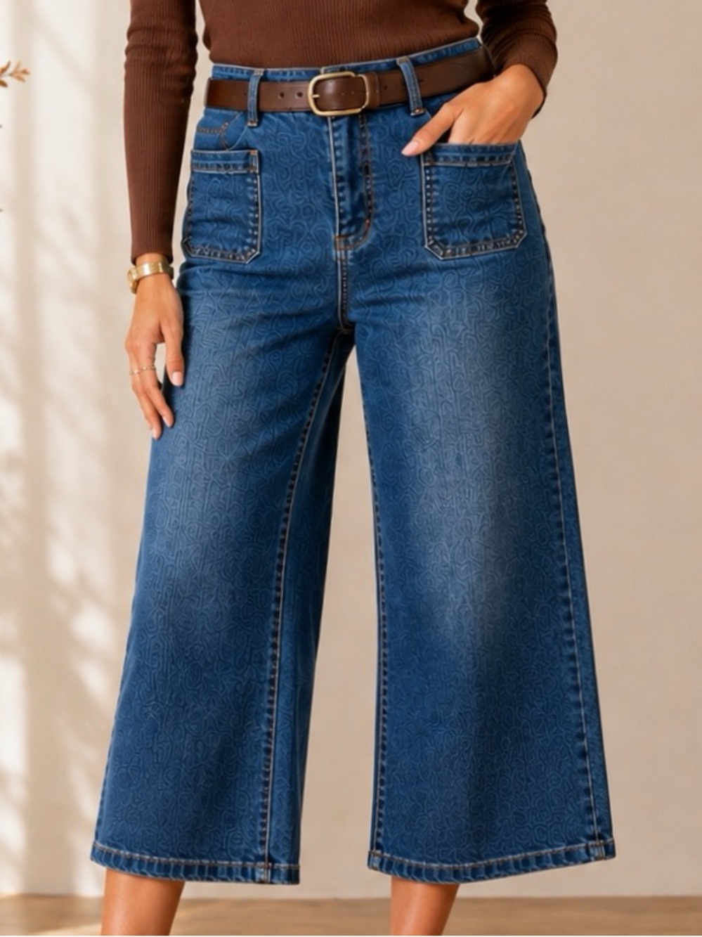 Tahari Oud-West Crop Wide Leg Jeans High Rise Patch Pockets Blue Size 10/30